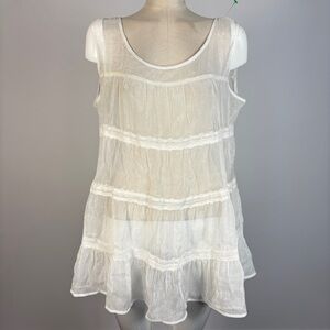 Fred David White Boho Tiered Mesh Tank Top | Lace Trim Sleeveless Tunic L